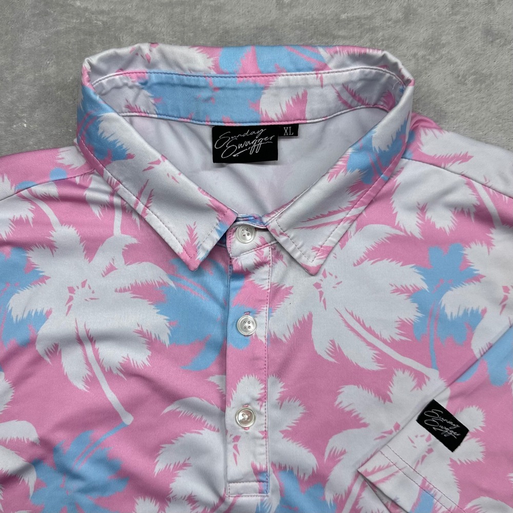 Sunday Swagger Golf Polo Mens XL Pink Blue Palm Tree Floral Performance Stretch
